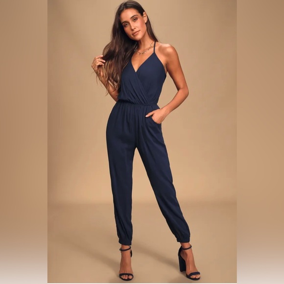 Lulus Pants - Lulus Learning to Fly Navy Blue Halter Jumpsuit